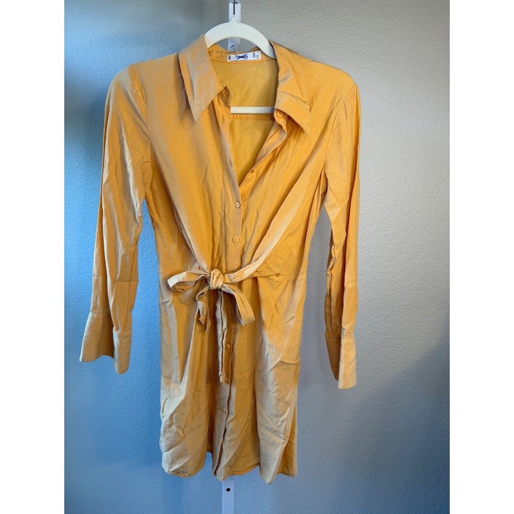 MNG Mango Yellow‎ Button Front Tie Waist Shirt Dress Long Sleeve Women's XS